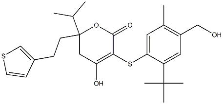 3-(2-tert-butyl-4-hydroxymethyl-5-methylphenylsulfanyl)-4-hydroxy-6-isopropyl-6-(2-thiophen-3-ylethyl)-5,6-dihydropyran-2-one 化学構造式
