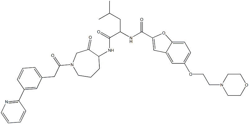 5-(2-morpholin-4-ylethoxy)benzofuran-2-carboxylic acid (3-methyl-1-(3-oxo-1-(2-(3-pyridin-2-ylphenyl)acetyl)azepan-4-ylcarbamoyl)butyl)amide 化学構造式