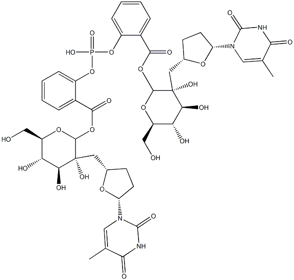 bis(2',3'-dideoxythymidin-5'-yl) 2-((glucopyranosyl)oxycarbonyl)phenyl phosphate,,结构式