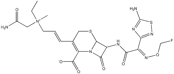 7-[[2-(5-amino-1,2,4-thiadiazol-3-yl)-2-(fluoromethoxyimino)acetyl]amino]-3-[3-(carbamoylmethyl-ethyl-methyl-ammonio)prop-1-enyl]-8-oxo-5-thia-1-azabicyclo[4.2.0]oct-2-ene-2-carboxylate Structure