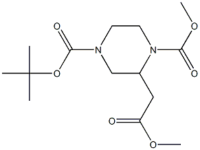 2-Methoxycarbonylmethyl-piperazine-1,4-dicarboxylic acid 4-tert-butyl ester 1-methyl ester 化学構造式