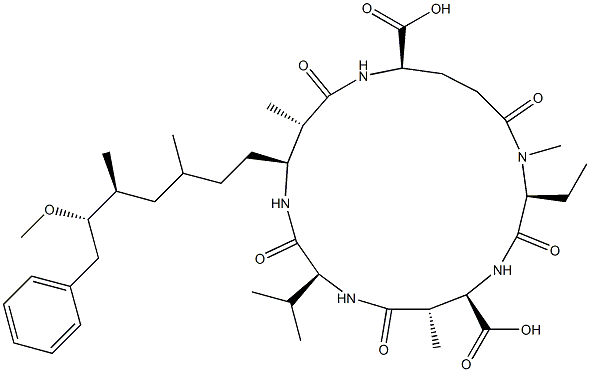 (2S,5R,6S,9S,12S,13S,16R)-2-ethyl-12-[(5S,6S)-6-methoxy-3,5-dimethyl-7-phenyl-heptyl]-1,6,13-trimethyl-3,7,10,14,19-pentaoxo-9-propan-2-yl-1,4,8,11,15-pentazacyclononadecane-5,16-dicarboxylic acid Structure