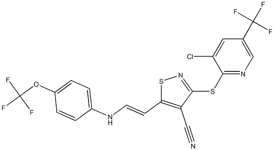 3-{[3-chloro-5-(trifluoromethyl)-2-pyridinyl]sulfanyl}-5-{2-[4-(trifluoromethoxy)anilino]vinyl}-4-isothiazolecarbonitrile Struktur