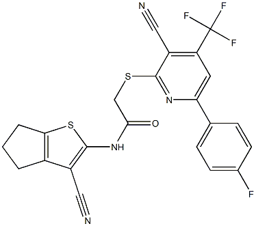 N-(3-cyano-5,6-dihydro-4H-cyclopenta[b]thiophen-2-yl)-2-{[3-cyano-6-(4-fluorophenyl)-4-(trifluoromethyl)-2-pyridinyl]sulfanyl}acetamide,,结构式