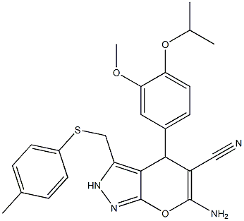 6-amino-4-(4-isopropoxy-3-methoxyphenyl)-3-{[(4-methylphenyl)sulfanyl]methyl}-2,4-dihydropyrano[2,3-c]pyrazole-5-carbonitrile Structure