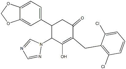 5-(1,3-benzodioxol-5-yl)-2-(2,6-dichlorobenzyl)-3-hydroxy-4-(1H-1,2,4-triazol-1-yl)-2-cyclohexen-1-one Structure