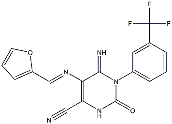 5-{[(E)-2-furylmethylidene]amino}-6-imino-2-oxo-1-[3-(trifluoromethyl)phenyl]-1,2,3,6-tetrahydro-4-pyrimidinecarbonitrile 化学構造式