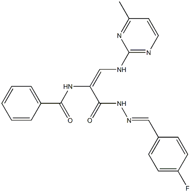 N-{1-({2-[(4-fluorophenyl)methylene]hydrazino}carbonyl)-2-[(4-methyl-2-pyrimidinyl)amino]vinyl}benzenecarboxamide 化学構造式