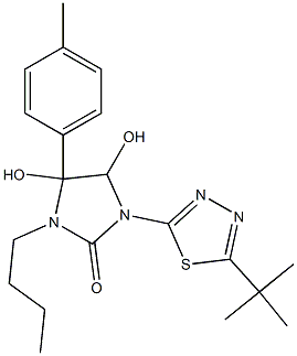 3-butyl-1-[5-(tert-butyl)-1,3,4-thiadiazol-2-yl]-4,5-dihydroxy-4-(4-methylphenyl)imidazolidin-2-one 化学構造式