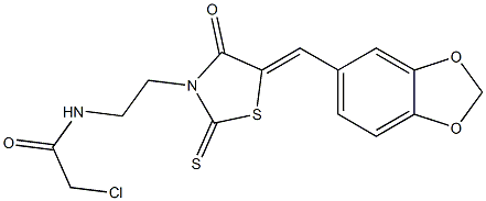 N-{2-[(5Z)-5-(1,3-benzodioxol-5-ylmethylene)-4-oxo-2-thioxo-1,3-thiazolidin-3-yl]ethyl}-2-chloroacetamide 化学構造式