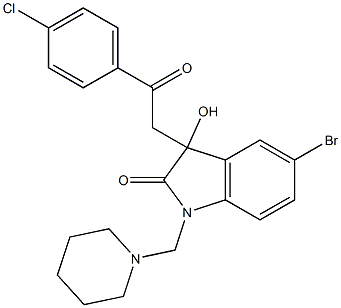 5-bromo-3-[2-(4-chlorophenyl)-2-oxoethyl]-3-hydroxy-1-(piperidinomethyl)indolin-2-one 化学構造式