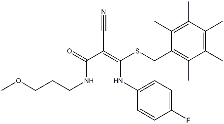 N1-(3-methoxypropyl)-2-cyano-3-(4-fluoroanilino)-3-[(2,3,4,5,6-pentamethylbenzyl)thio]acrylamide Struktur