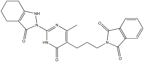 2-{3-[4-methyl-6-oxo-2-(3-oxo-1,3,4,5,6,7-hexahydro-2H-indazol-2-yl)-1,6-dihydro-5-pyrimidinyl]propyl}-1H-isoindole-1,3(2H)-dione Struktur