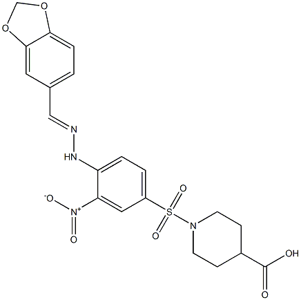 1-[(4-{2-[(E)-1,3-benzodioxol-5-ylmethylidene]hydrazino}-3-nitrophenyl)sulfonyl]-4-piperidinecarboxylic acid Struktur
