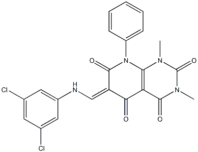 6-[(3,5-dichloroanilino)methylidene]-1,3-dimethyl-8-phenyl-1,2,3,4,5,6,7,8-octahydropyrido[2,3-d]pyrimidine-2,4,5,7-tetraone Struktur