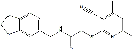 N-(1,3-benzodioxol-5-ylmethyl)-2-[(3-cyano-4,6-dimethyl-2-pyridinyl)sulfanyl]acetamide Struktur