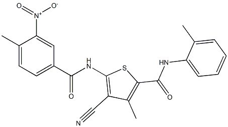 4-cyano-5-[({3-nitro-4-methylphenyl}carbonyl)amino]-3-methyl-N-(2-methylphenyl)thiophene-2-carboxamide Struktur