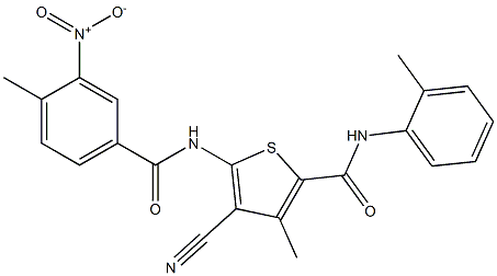 4-cyano-5-[({3-nitro-4-methylphenyl}carbonyl)amino]-3-methyl-N-(2-methylphenyl)thiophene-2-carboxamide 结构式