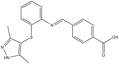 4-[({2-[(3,5-dimethyl-1H-pyrazol-4-yl)sulfanyl]phenyl}imino)methyl]benzoic acid 化学構造式