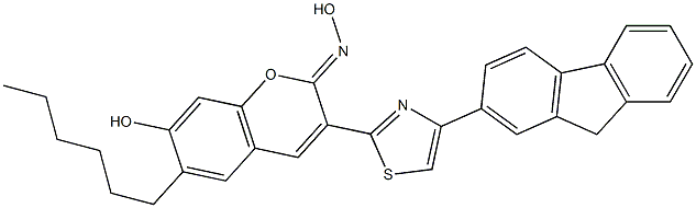 3-[4-(9H-fluoren-2-yl)-1,3-thiazol-2-yl]-6-hexyl-7-hydroxy-2H-chromen-2-one oxime 结构式