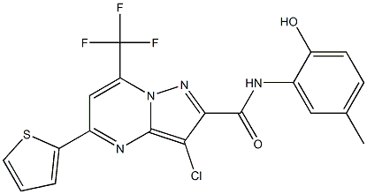 3-chloro-N-(2-hydroxy-5-methylphenyl)-5-(2-thienyl)-7-(trifluoromethyl)pyrazolo[1,5-a]pyrimidine-2-carboxamide,,结构式