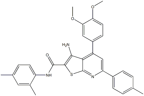 3-amino-4-(3,4-dimethoxyphenyl)-N-(2,4-dimethylphenyl)-6-(4-methylphenyl)thieno[2,3-b]pyridine-2-carboxamide,,结构式