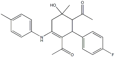 1-[3-acetyl-2-(4-fluorophenyl)-6-hydroxy-6-methyl-4-(4-toluidino)-3-cyclohexen-1-yl]ethanone Struktur