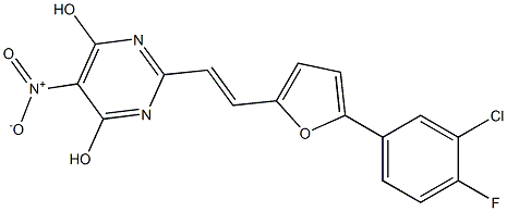 2-{2-[5-(3-chloro-4-fluorophenyl)-2-furyl]vinyl}-5-nitropyrimidine-4,6-diol,,结构式