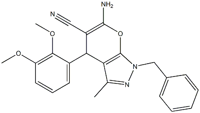 6-amino-1-benzyl-4-(2,3-dimethoxyphenyl)-3-methyl-1,4-dihydropyrano[2,3-c]pyrazole-5-carbonitrile Struktur