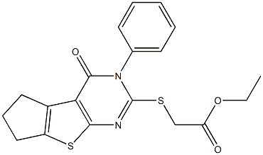 ethyl [(4-oxo-3-phenyl-3,5,6,7-tetrahydro-4H-cyclopenta[4,5]thieno[2,3-d]pyrimidin-2-yl)sulfanyl]acetate,,结构式
