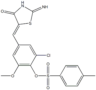 2-chloro-4-[(2-imino-4-oxo-1,3-thiazolidin-5-ylidene)methyl]-6-methoxyphenyl 4-methylbenzenesulfonate 化学構造式