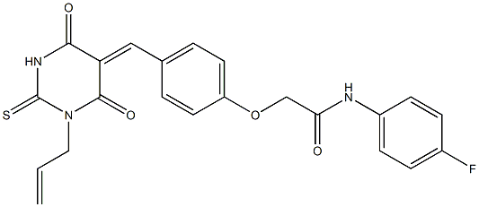 2-{4-[(1-allyl-4,6-dioxo-2-thioxotetrahydro-5(2H)-pyrimidinylidene)methyl]phenoxy}-N-(4-fluorophenyl)acetamide 结构式