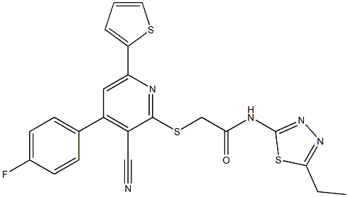 2-{[3-cyano-4-(4-fluorophenyl)-6-(2-thienyl)-2-pyridinyl]sulfanyl}-N-(5-ethyl-1,3,4-thiadiazol-2-yl)acetamide Struktur
