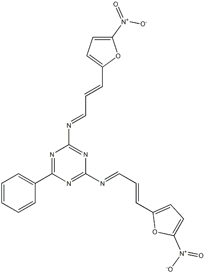2,4-bis[(3-{5-nitro-2-furyl}-2-propenylidene)amino]-6-phenyl-1,3,5-triazine Struktur