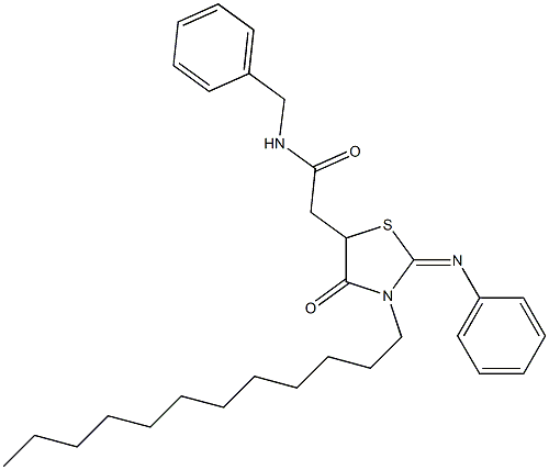 N-benzyl-2-[3-dodecyl-4-oxo-2-(phenylimino)-1,3-thiazolidin-5-yl]acetamide Structure
