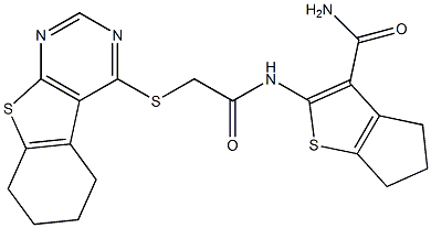 2-{[(5,6,7,8-tetrahydro[1]benzothieno[2,3-d]pyrimidin-4-ylsulfanyl)acetyl]amino}-5,6-dihydro-4H-cyclopenta[b]thiophene-3-carboxamide,,结构式