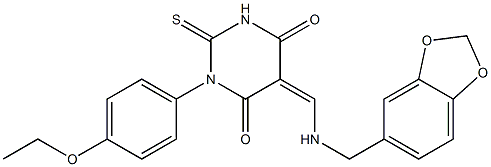 5-{[(1,3-benzodioxol-5-ylmethyl)amino]methylene}-1-(4-ethoxyphenyl)-2-thioxodihydro-4,6(1H,5H)-pyrimidinedione,,结构式