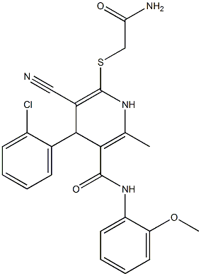 6-[(2-amino-2-oxoethyl)sulfanyl]-4-(2-chlorophenyl)-5-cyano-N-(2-methoxyphenyl)-2-methyl-1,4-dihydro-3-pyridinecarboxamide 化学構造式