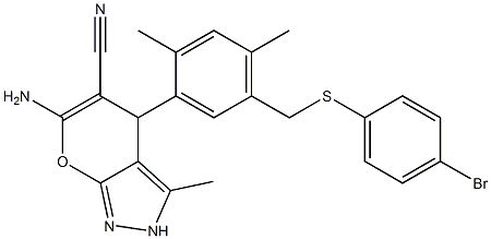 6-amino-4-(5-{[(4-bromophenyl)sulfanyl]methyl}-2,4-dimethylphenyl)-3-methyl-2,4-dihydropyrano[2,3-c]pyrazole-5-carbonitrile Structure