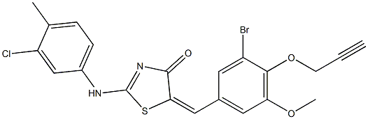 5-[3-bromo-5-methoxy-4-(2-propynyloxy)benzylidene]-2-(3-chloro-4-methylanilino)-1,3-thiazol-4(5H)-one 化学構造式