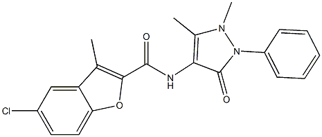 5-chloro-N-(1,5-dimethyl-3-oxo-2-phenyl-2,3-dihydro-1H-pyrazol-4-yl)-3-methyl-1-benzofuran-2-carboxamide 结构式