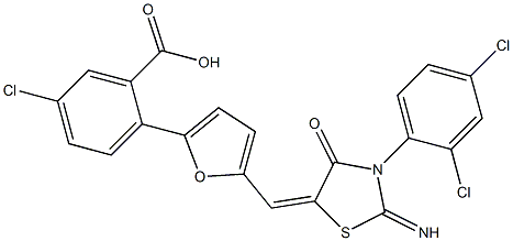 5-chloro-2-(5-{[3-(2,4-dichlorophenyl)-2-imino-4-oxo-1,3-thiazolidin-5-ylidene]methyl}-2-furyl)benzoic acid Structure