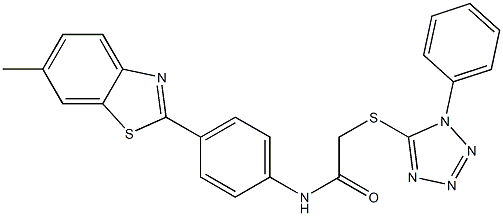 N-[4-(6-methyl-1,3-benzothiazol-2-yl)phenyl]-2-[(1-phenyl-1H-tetraazol-5-yl)sulfanyl]acetamide 化学構造式