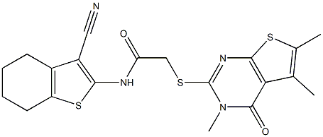 N-(3-cyano-4,5,6,7-tetrahydro-1-benzothien-2-yl)-2-[(3,5,6-trimethyl-4-oxo-3,4-dihydrothieno[2,3-d]pyrimidin-2-yl)sulfanyl]acetamide 化学構造式