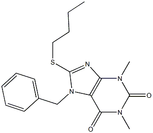 7-benzyl-8-(butylthio)-1,3-dimethyl-3,7-dihydro-1H-purine-2,6-dione Struktur