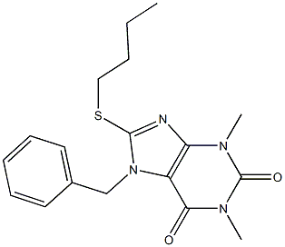 7-benzyl-8-(butylthio)-1,3-dimethyl-3,7-dihydro-1H-purine-2,6-dione,,结构式