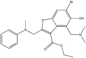 ethyl 6-bromo-4-[(dimethylamino)methyl]-5-hydroxy-2-[(methylanilino)methyl]-1-benzofuran-3-carboxylate 化学構造式