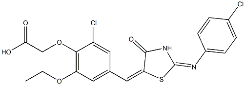 [2-chloro-4-({2-[(4-chlorophenyl)imino]-4-oxo-1,3-thiazolidin-5-ylidene}methyl)-6-ethoxyphenoxy]acetic acid Struktur