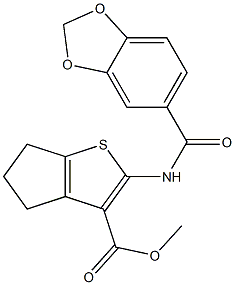 methyl 2-[(1,3-benzodioxol-5-ylcarbonyl)amino]-5,6-dihydro-4H-cyclopenta[b]thiophene-3-carboxylate,,结构式