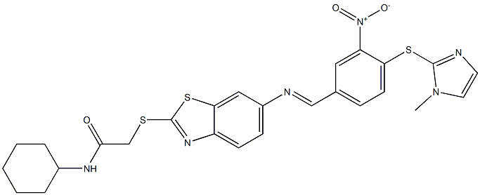 N-cyclohexyl-2-{[6-({3-nitro-4-[(1-methyl-1H-imidazol-2-yl)sulfanyl]benzylidene}amino)-1,3-benzothiazol-2-yl]sulfanyl}acetamide Struktur